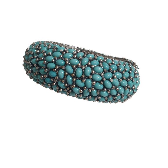 Style Hinged Silver Bracelet With Faux Turquoise Beads Magnetic Clam Closure - Picture 5 of 8